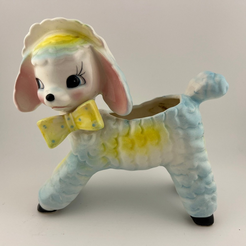 Vintage Napco Japan Lamb Planter Blue Yellow Bow Nursery Decor‎ 6 Inch